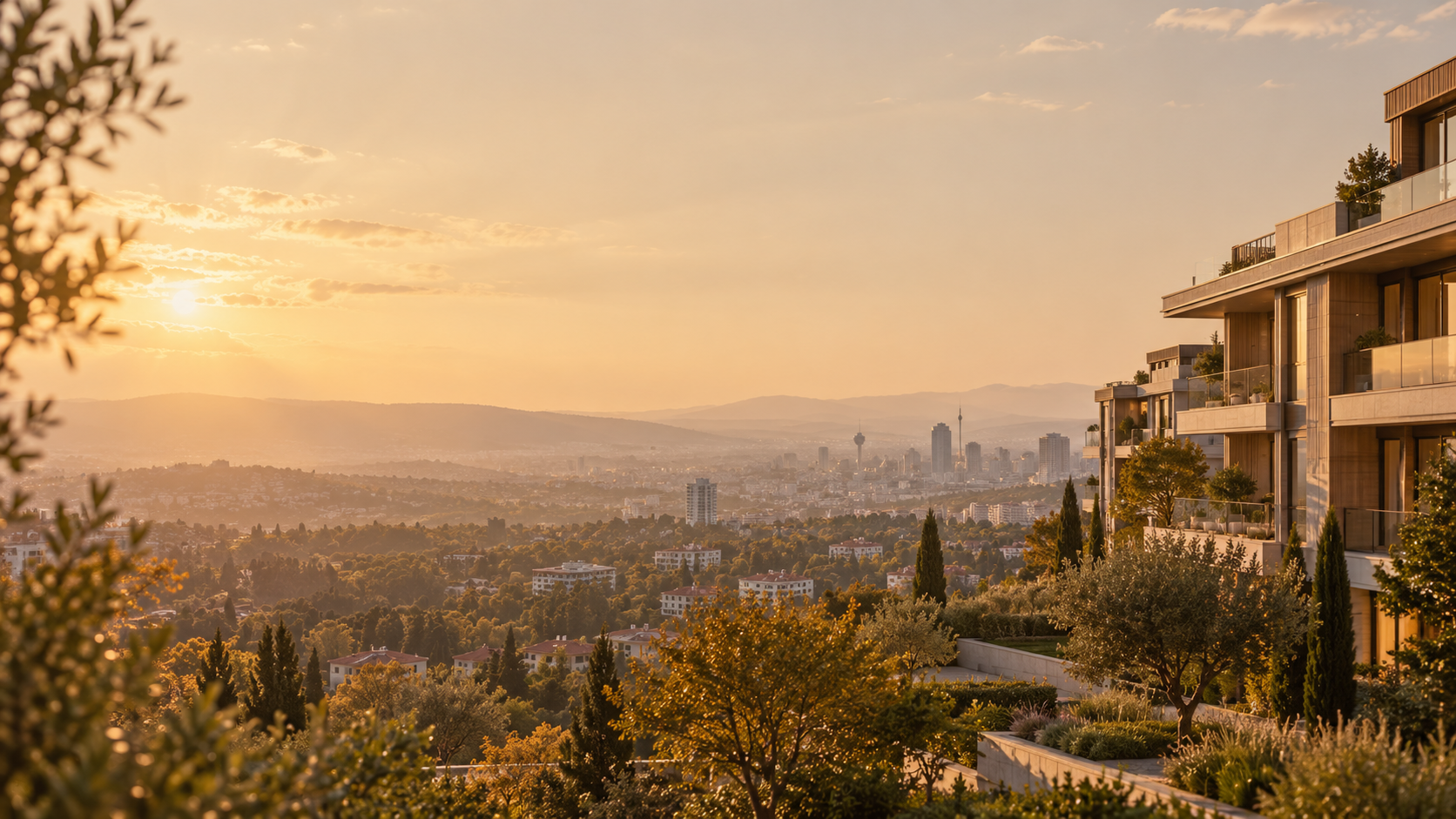 Gün batımında modern konutlar ve şehir manzarası
